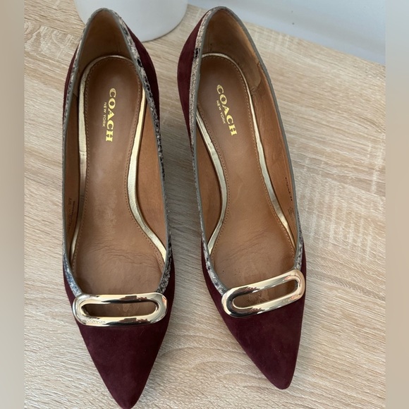 Coach Shoes - COACH Gabby Suede/snake print pumps in Garnet/natural size 6.5